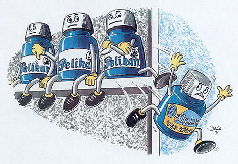  Cartoon "PELIKAN&thinsp;-&thinsp;F&uuml;llertinte (West)&nbsp;&thinsp;vs.&thinsp;&thinsp;ALPHA&thinsp;-&thinsp;F&uuml;llertinte (Ost)" 